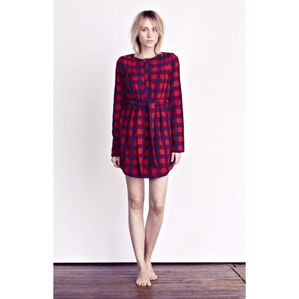 Ace & Jig Parker Buffalo Plaid Checkered Belted Tunic Mini Long Sleeves Dress S 